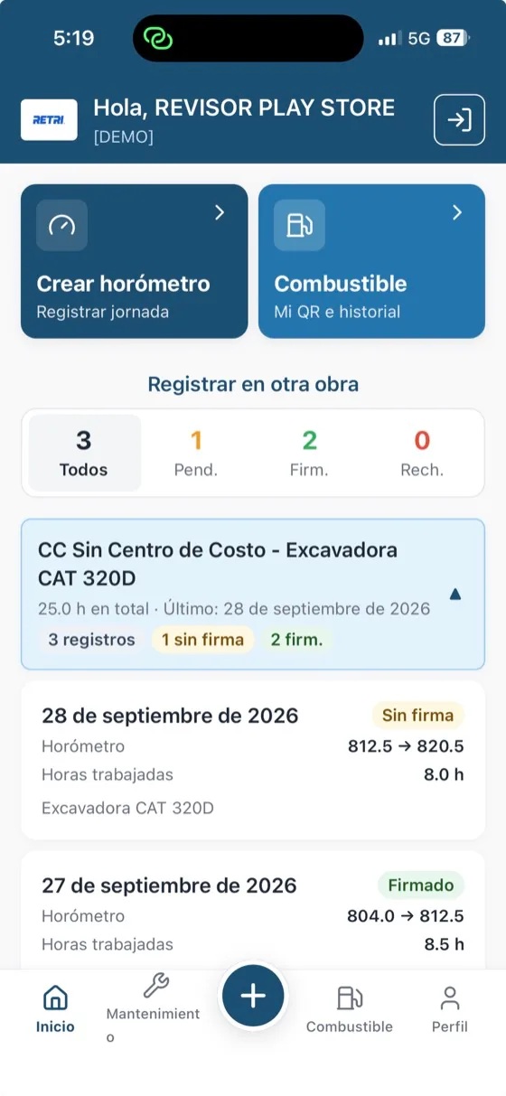 App de Retri para el operario: crear horómetro, combustible y registros firmados o pendientes
